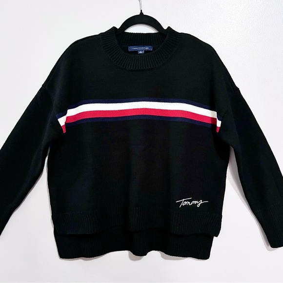 Tommy Hilfiger Noir Knitted High-Low Sweater with Triple Color-block Stripes - Picture 2 of 15